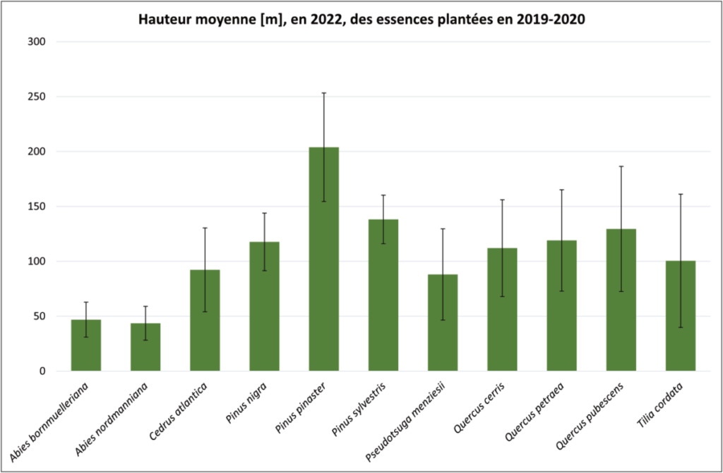 Figure 7 : Hauteur moyenne (m), en 2022, des essences plantées en 2019-2020